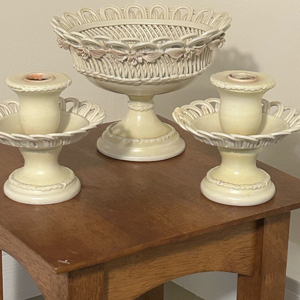Antique Dresden Porcelain Bisque Candle Holders and Compote